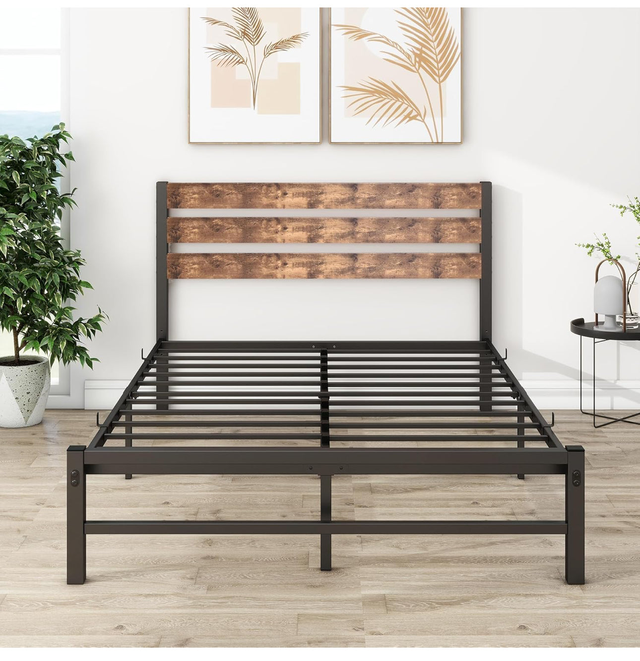 Double Bed Frame with Wood Headboard