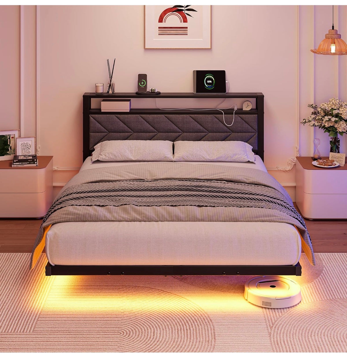 4ft6 Upholstered Floating Double Bed Frame Black, Storage Headboard
Metal Bed Frame with LED Lights and Charging Station, Heavy Duty Metal Slat Support, Noise Free, No Box Spring Needed