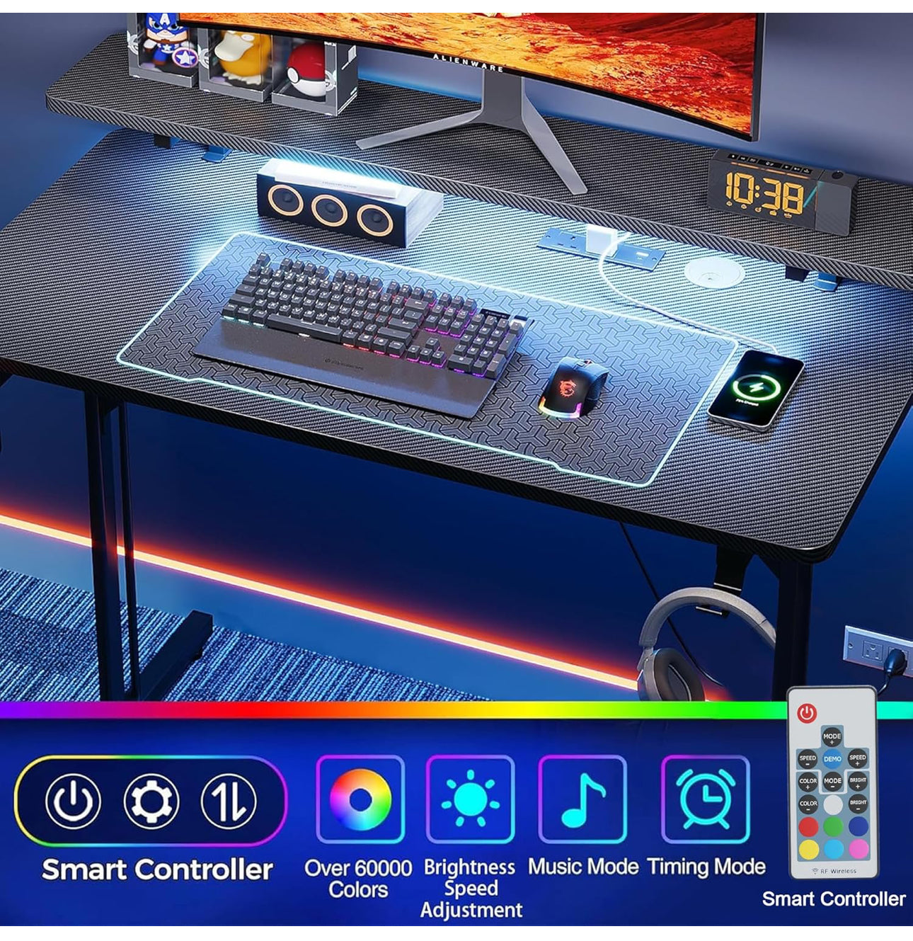 Gaming Desk with LED & Power Outlets, 100 x 50 cm