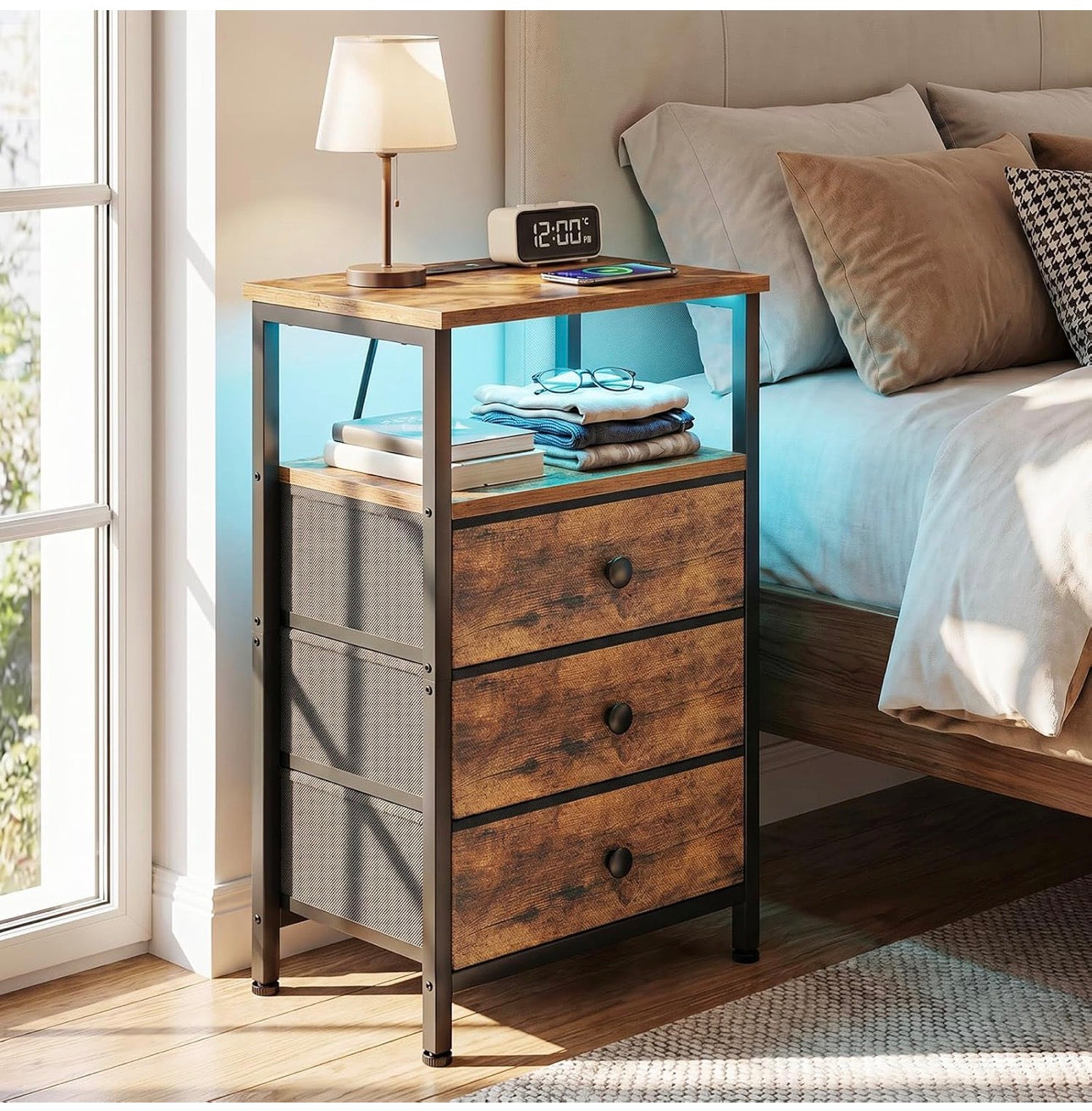 Bedside Table with Charging Station, Side Table with 3 Drawers
Bedside Cabinet with LED Light and Open Storage Shelf, Sofa Table, Night Stand for Living Room, Bedroom,Brown