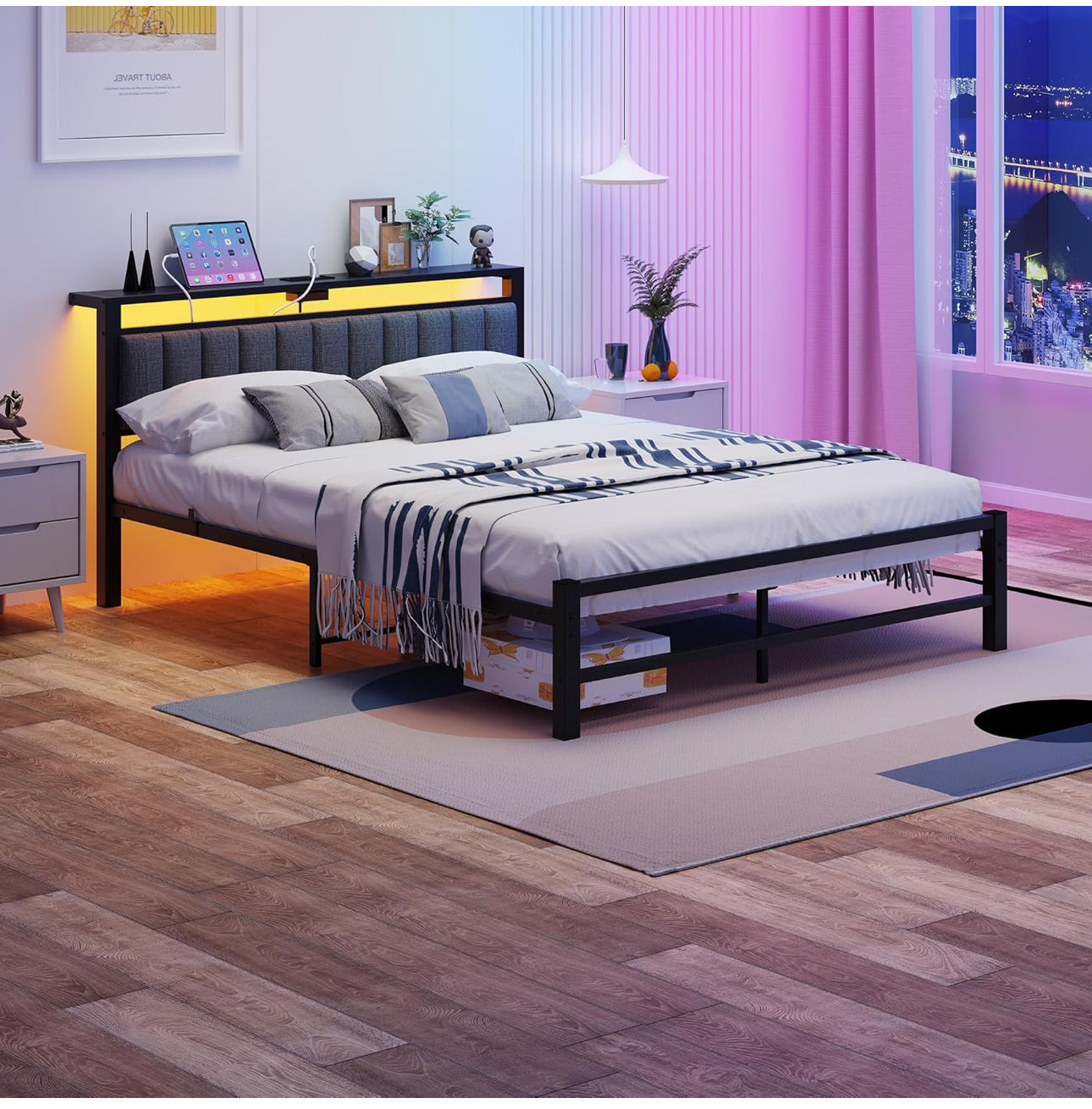 King Size Bed Frame with Storage Headboard, 5ft Upholstered Bed Frame Kingsize with Charging Station and LED Lights
