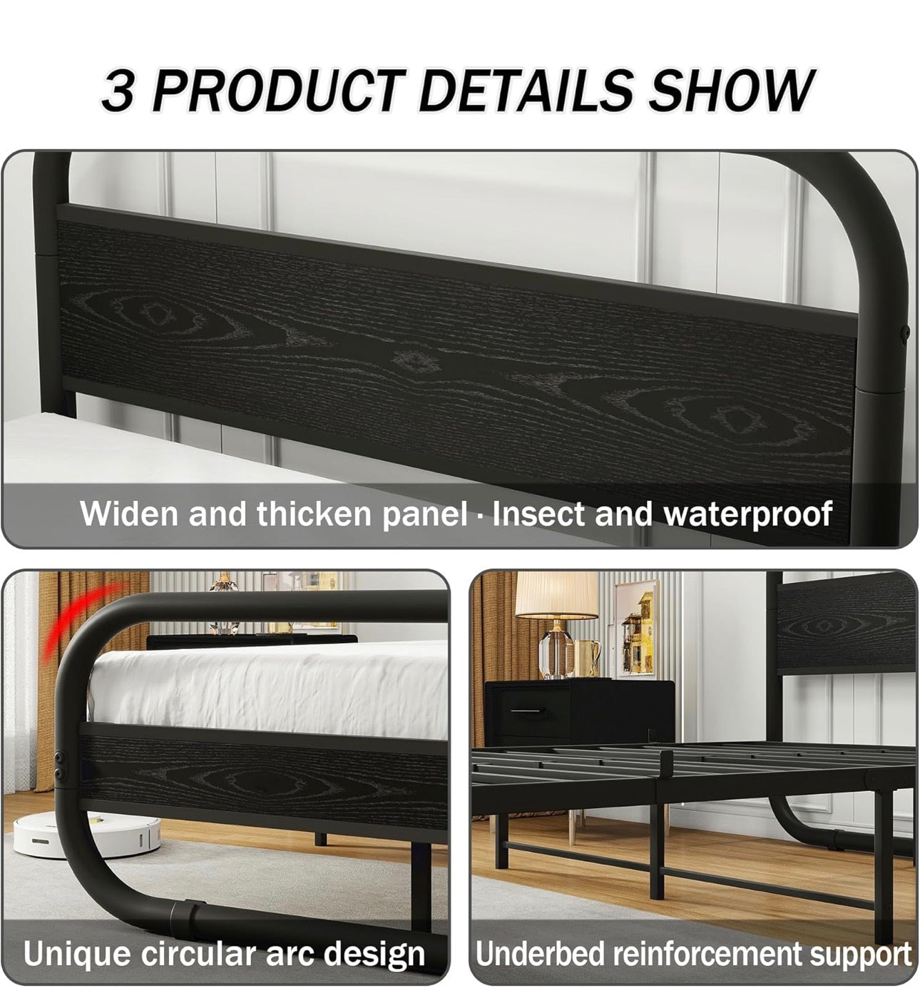 Double Size Bed Frame with Headboard,135x190 cm,Black | Oval-Shaped Platform Bed with Under-Bed Storage,Steel Slats Mattress Foundation Round Pipe Design,Enhanced Support Noise Free