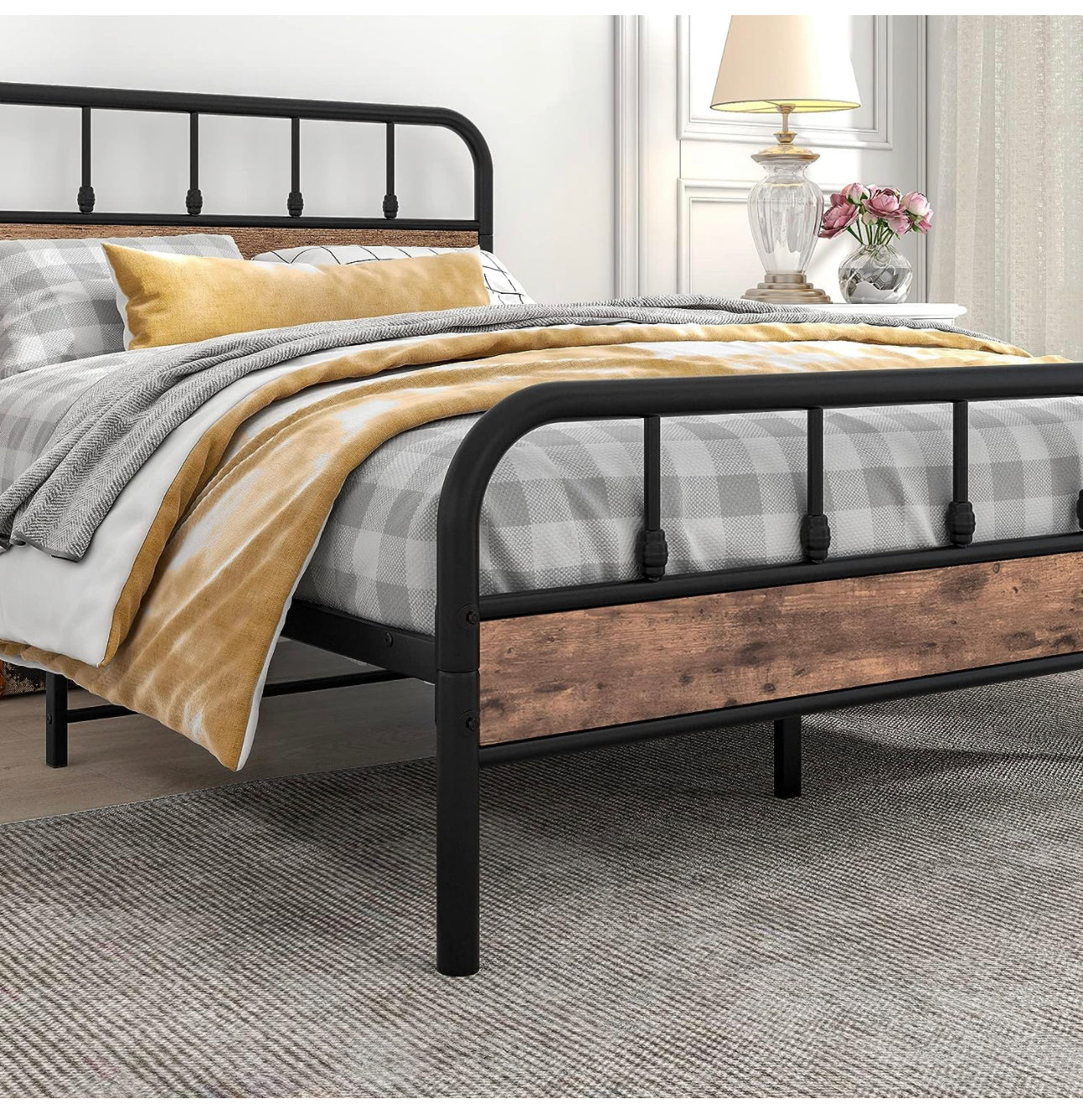Double Size Metal Bed Frame with Wood Headboard