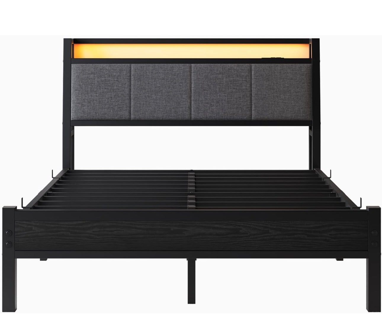Bed Frame, 4FT6 Bed Frame Ergonomics Double with Charging Station and LED Lights, Heavy Duty Platform Full Bed with Fabric Storage Sloped Headboard, No Box Spring Needed, (Black)