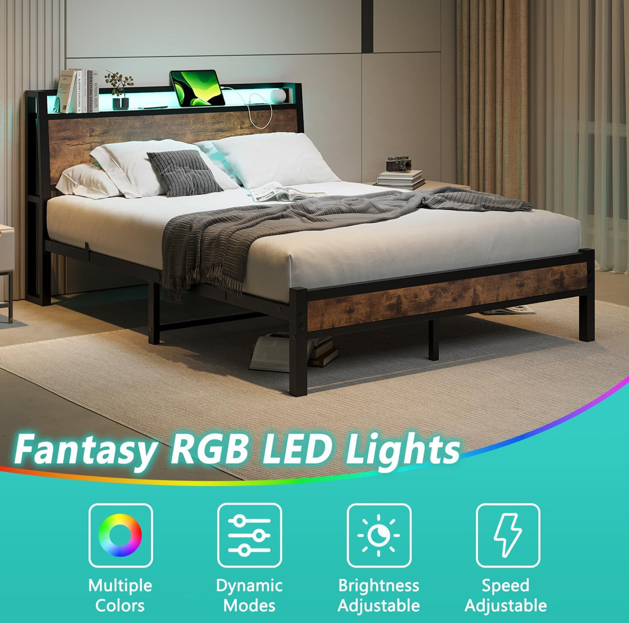 King Size Bed Frame with Charging Station and LED Lights