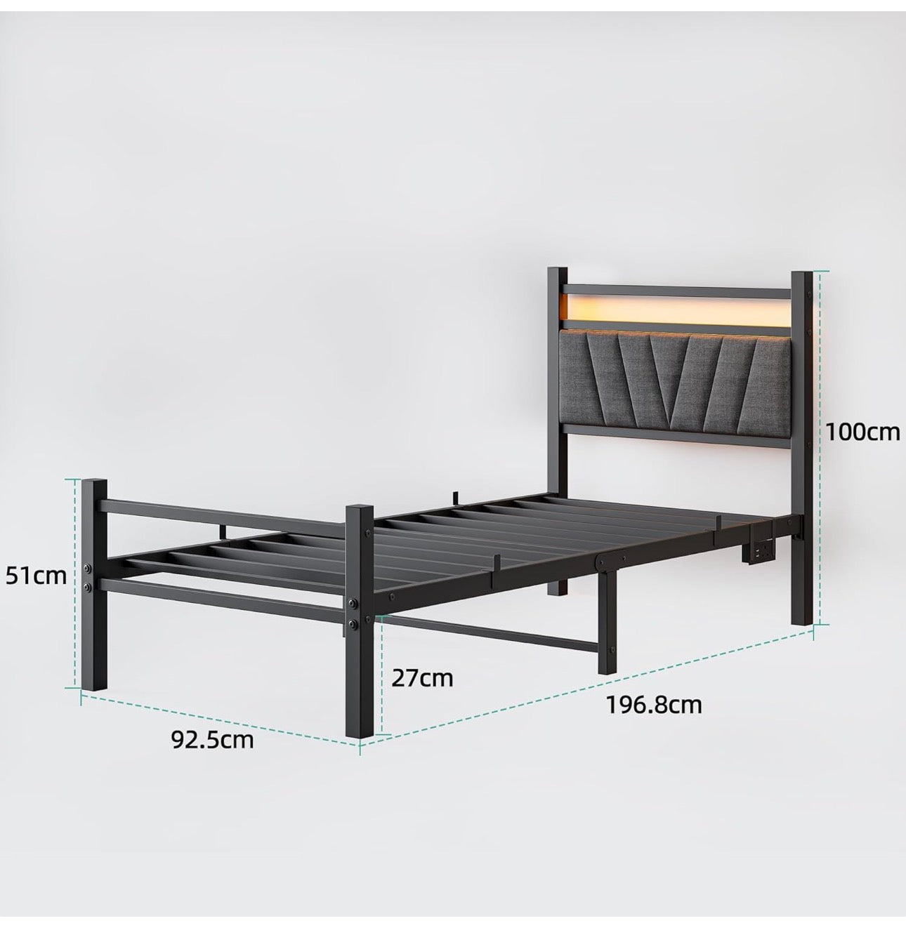 Bed frame with Headboard and USB Charging Station,Heavy Duty Bed Single Size with LED Lights