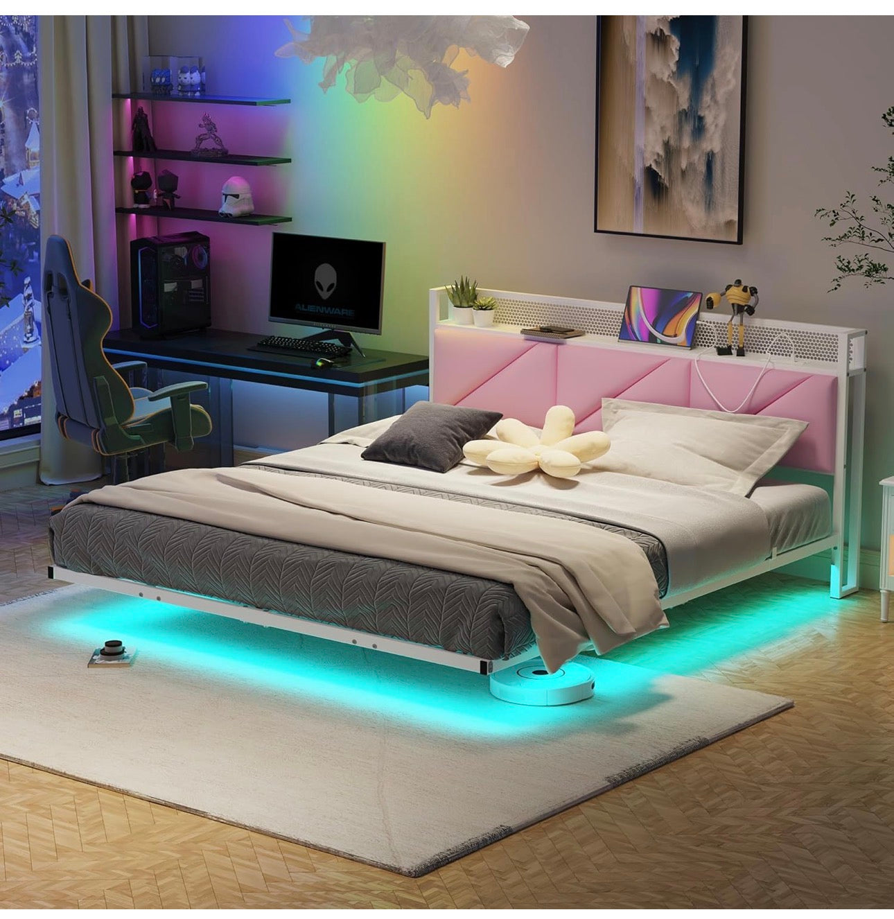 King Size Bed Frame with Floating Upholstered Storage Headboard,Pink
150x200cm Metal Bed Frame with LED Lights & USB Charging, 5ft King Platform Bed, Heavy Duty Metal Slats, Noise Free