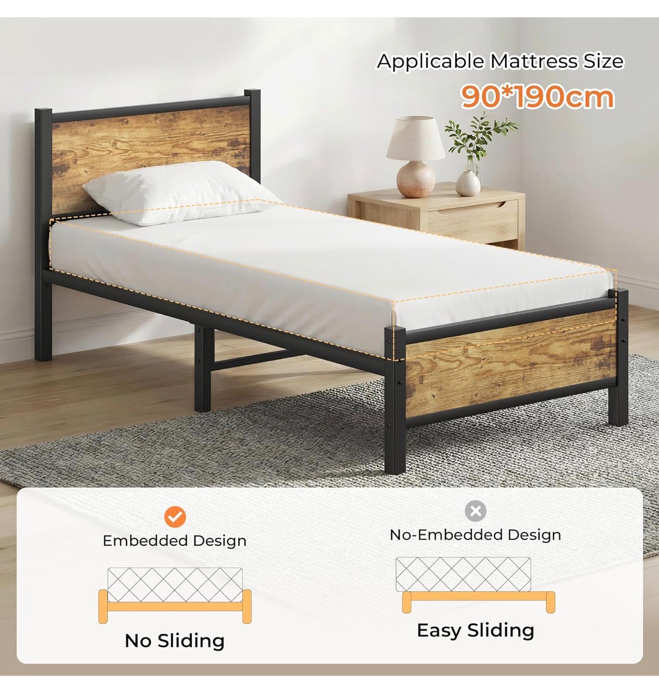 Single Bed Frame with Wooden Headboard