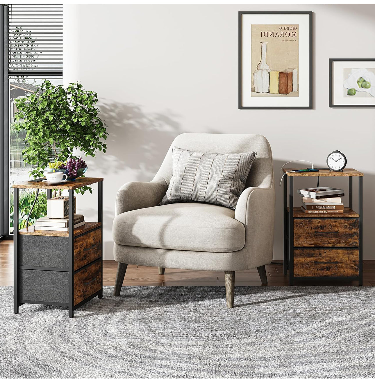 Bedside Table with Charging Station, Side Table with 2 USB Ports and Outlets, Nightstand with Cloth Drawer, Set of 2, End Table, Brown
