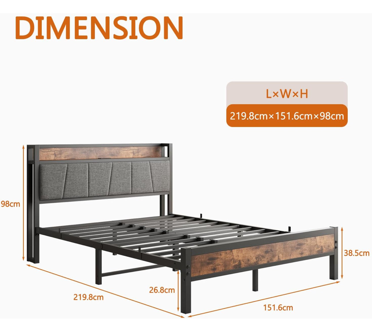 King Size Bed Frame with Storage,5ft Metal Platform Bed Frame Kingsize Bed Base with Charging Station