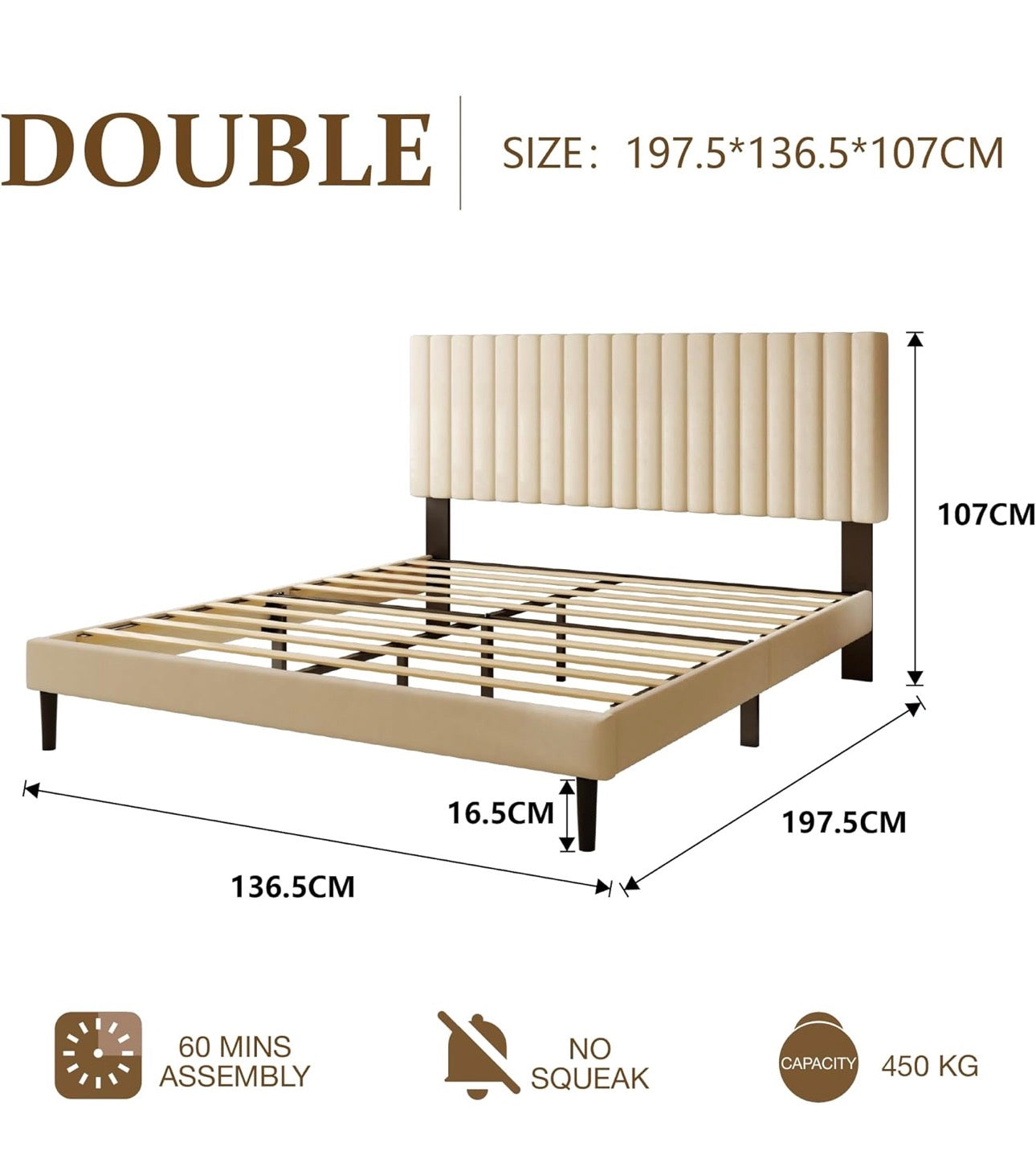 Double Bed Frame with Velvet Upholstered Headboard, King Bed Frame