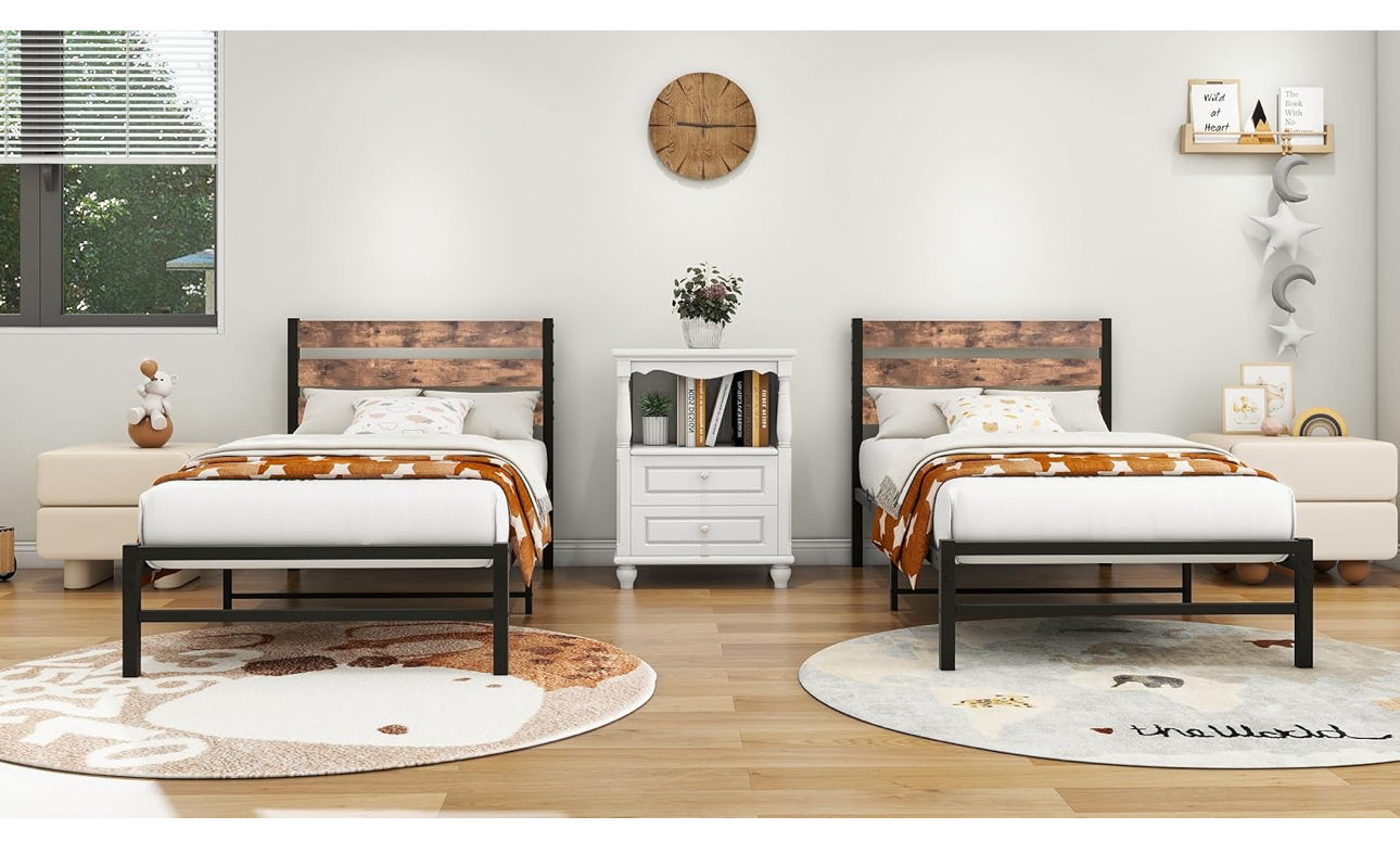 Single Bed Frame Heavy Duty Metal Platform Bed Frame, Black Brown