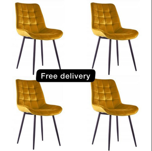 Set Of 4 Velvet Mustard Upholstered Chairs
