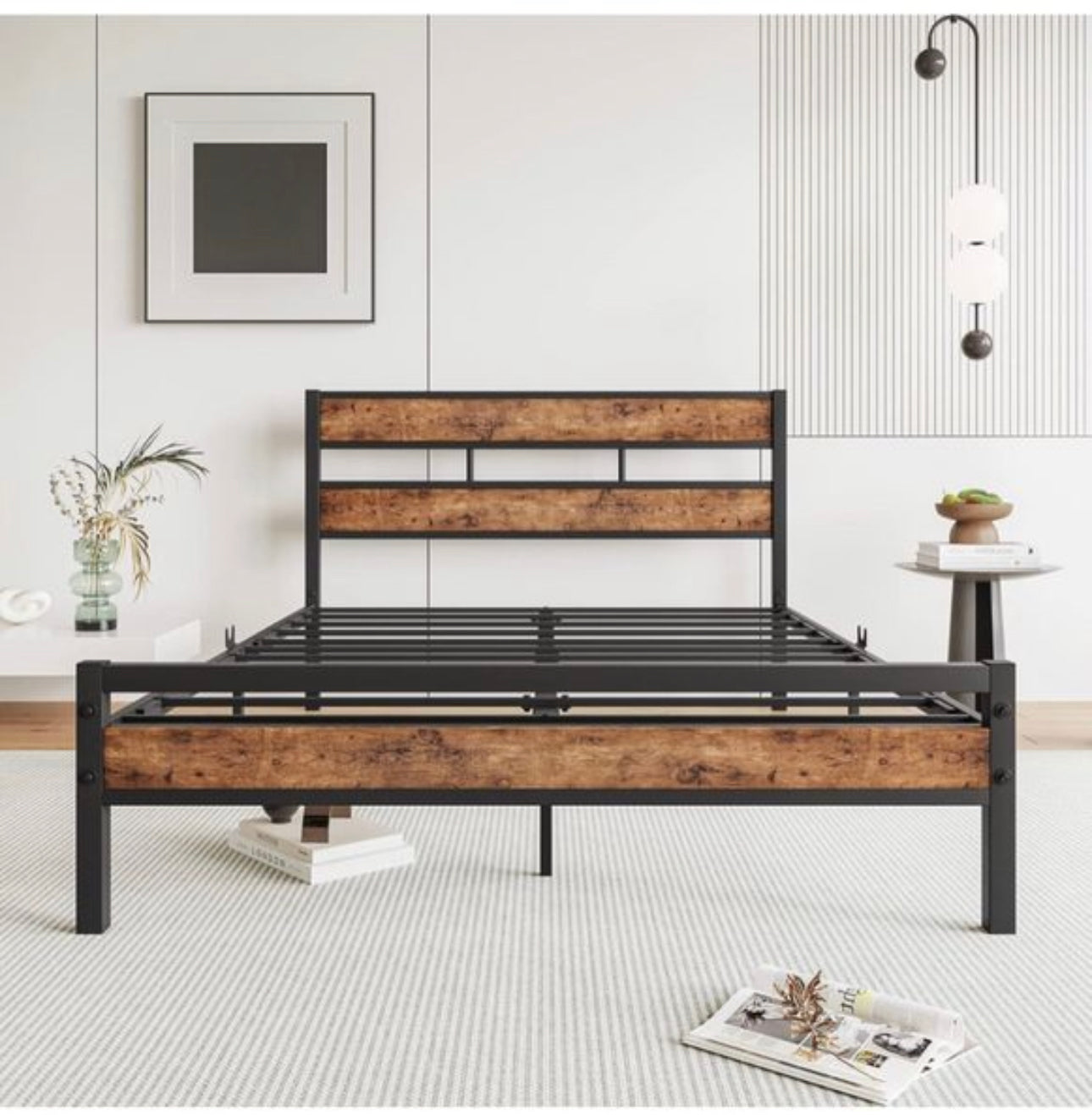 Double Bed Frame with Wood Headboard