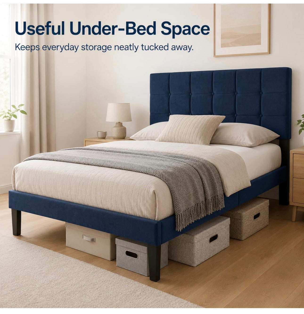 4ft Small Double Bed Frame with Velvet Upholstered Headboard, Blue
Upholstered, Solid slats Support, No Box Spring Needed, Easy Assembly,Underbed Storage,ideal for bedrooms, apartments