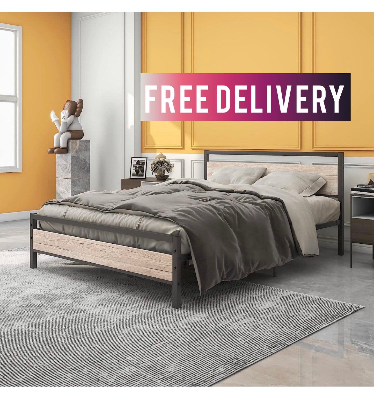 5ft King Size Bed Frame With Wood Headboard