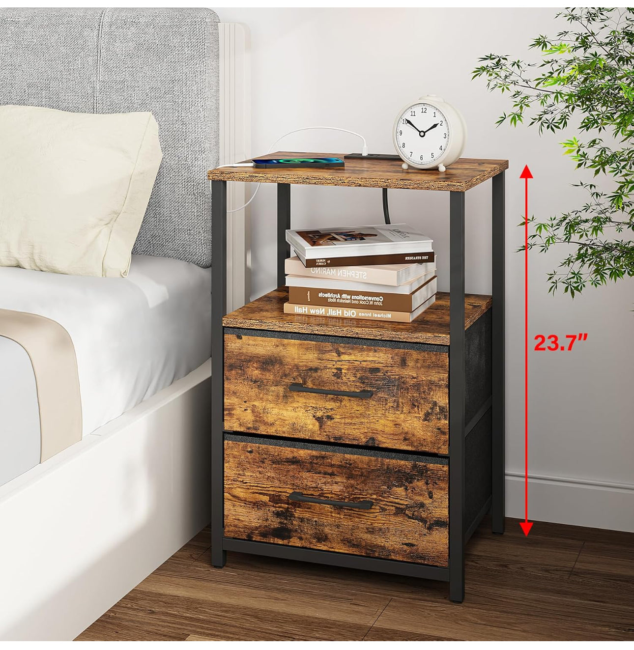 Bedside Table with Charging Station, Side Table with 2 USB Ports and Outlets, Nightstand with Cloth Drawer, Set of 2, End Table, Brown
