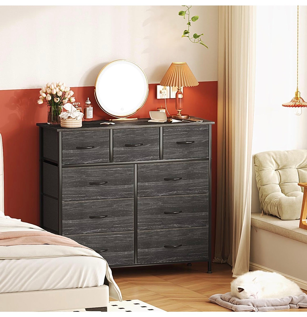 Chest of Drawers,Dresser for Bedroom with 9 Drawers,Fabric Dresser with Wood Top and Handles Metal Frame, Easy to Assemble, for Bedroom, Living room, Charcoal Black