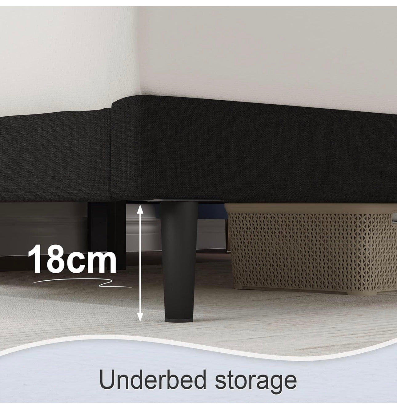 Double Bed Frame, Black, Upholstered Wooden Slat Bed Frame with Headboard