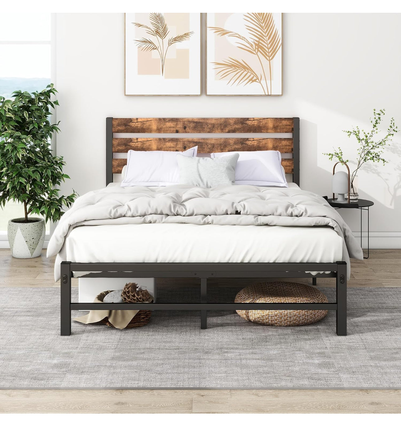 Double Bed Frame with Wood Headboard