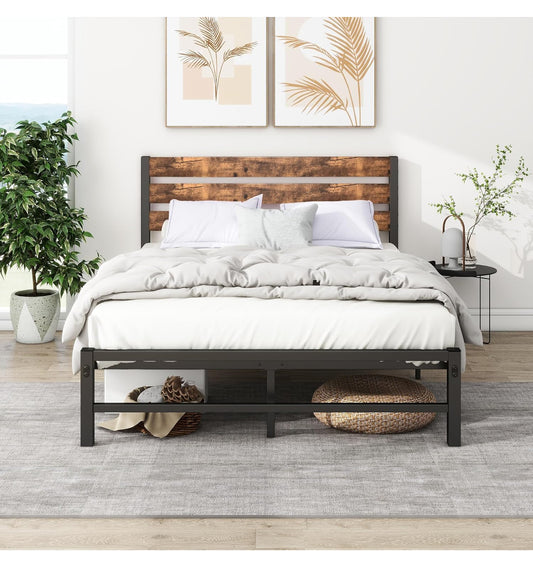 Double Bed Frame with Wood Headboard