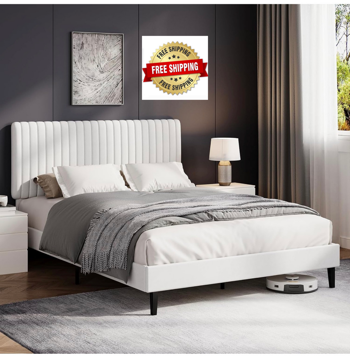 Double Bed Frame with Headboard, 135 X 190, White
Upholstered Bed, Velvet Headboard, Adjustable Height, Wooden Slat Support, No Box Spring Needed