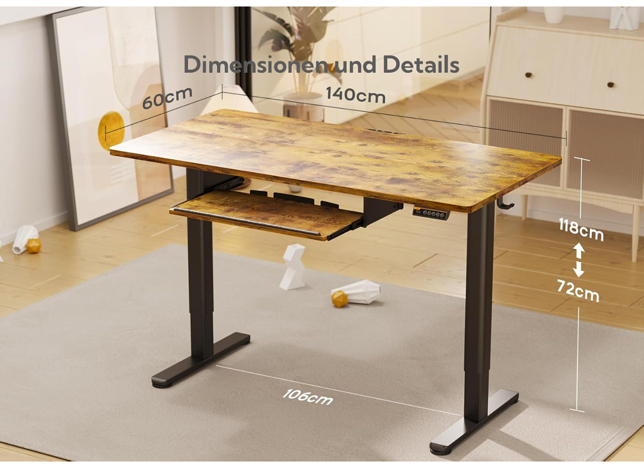 Electric Standing Desk with Keyboard Tray, 140x60cm