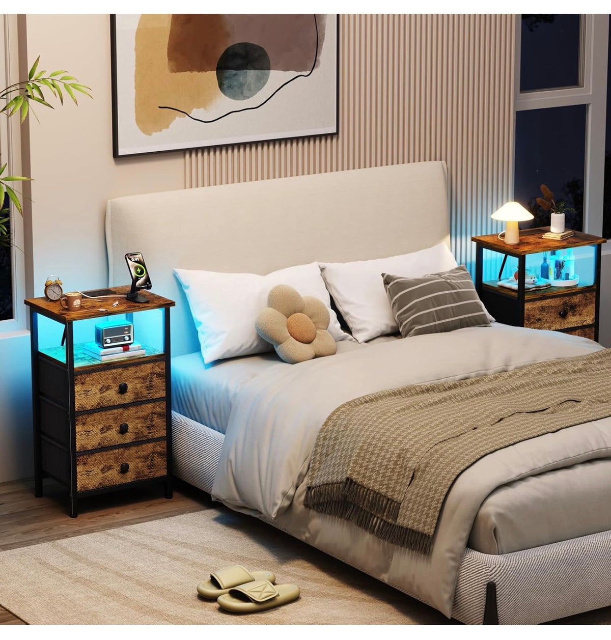 Bedside Table with Charging Station, Side Table with 3 Drawers
Bedside Cabinet with LED Light and Open Storage Shelf, Sofa Table, Night Stand for Living Room, Bedroom,Brown