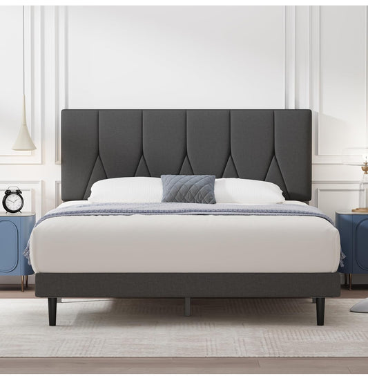 King Bed Frame, Dark Grey, Upholstered Wooden Slat Bed Frame with Headboard