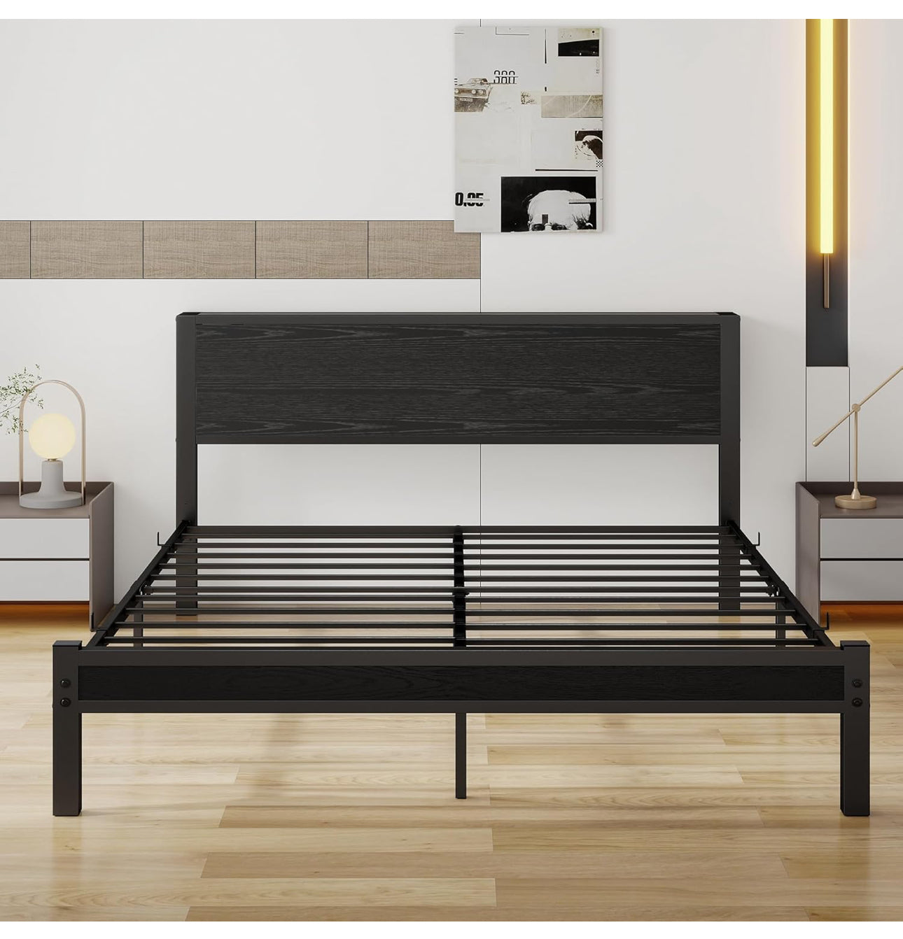 King Size Bed Frame with Storage Wooden Headboard
