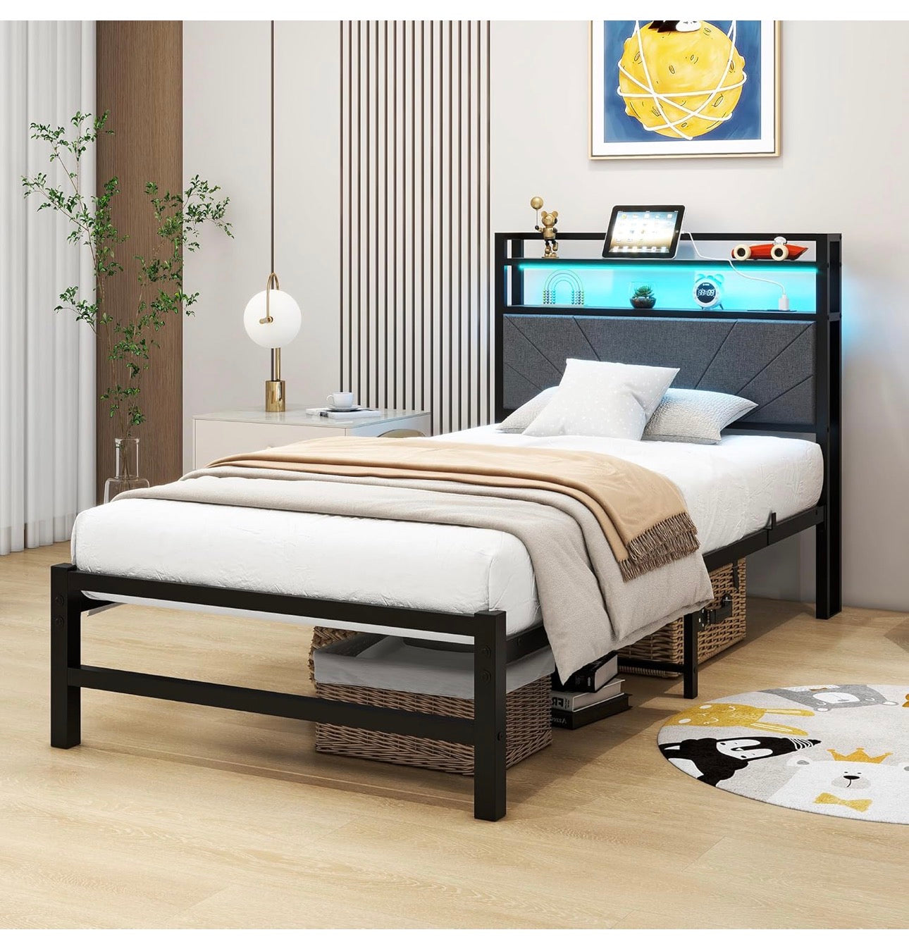 3ft Single Size Bed Frame with LED Lights Storage Upholstered Headboard and Charging Station