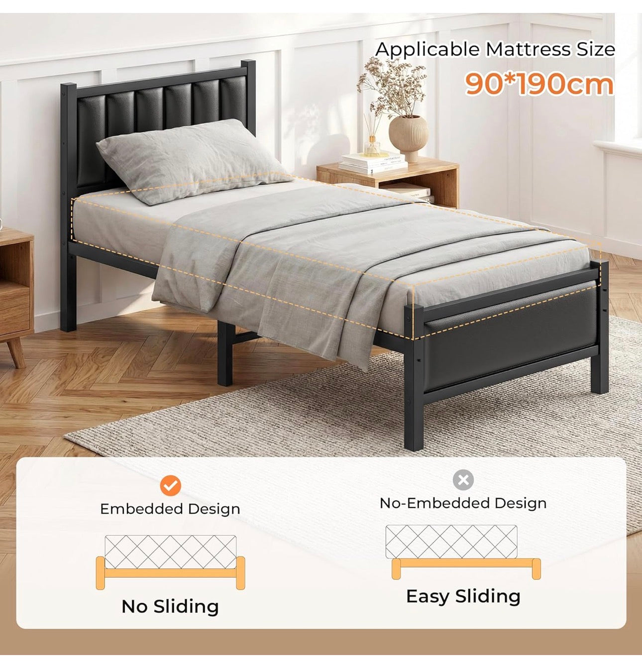 Single Bed Frame with Upholstered Headboard