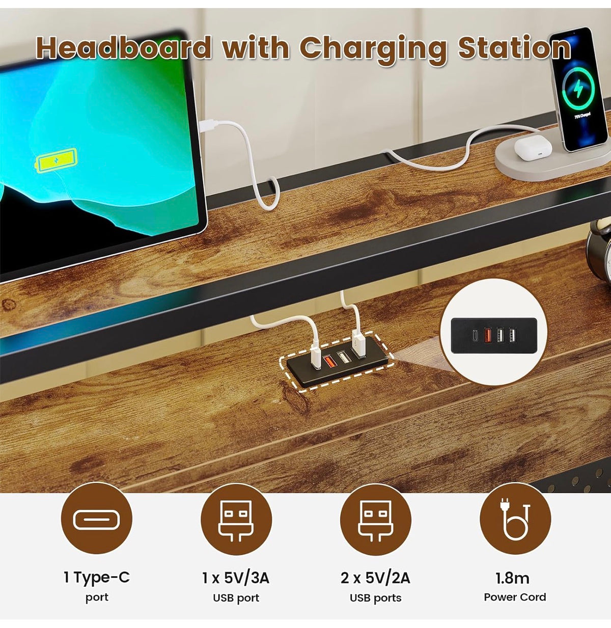 4ft6 Double Bed Frame with Wooden Headboard, Metal Platform Bed Frame with LED Lights and Charging Station,Sturdy Metal Slats Support, UnderBed Storage,Easy Assemble,No Mattress (Double-135x190cm)