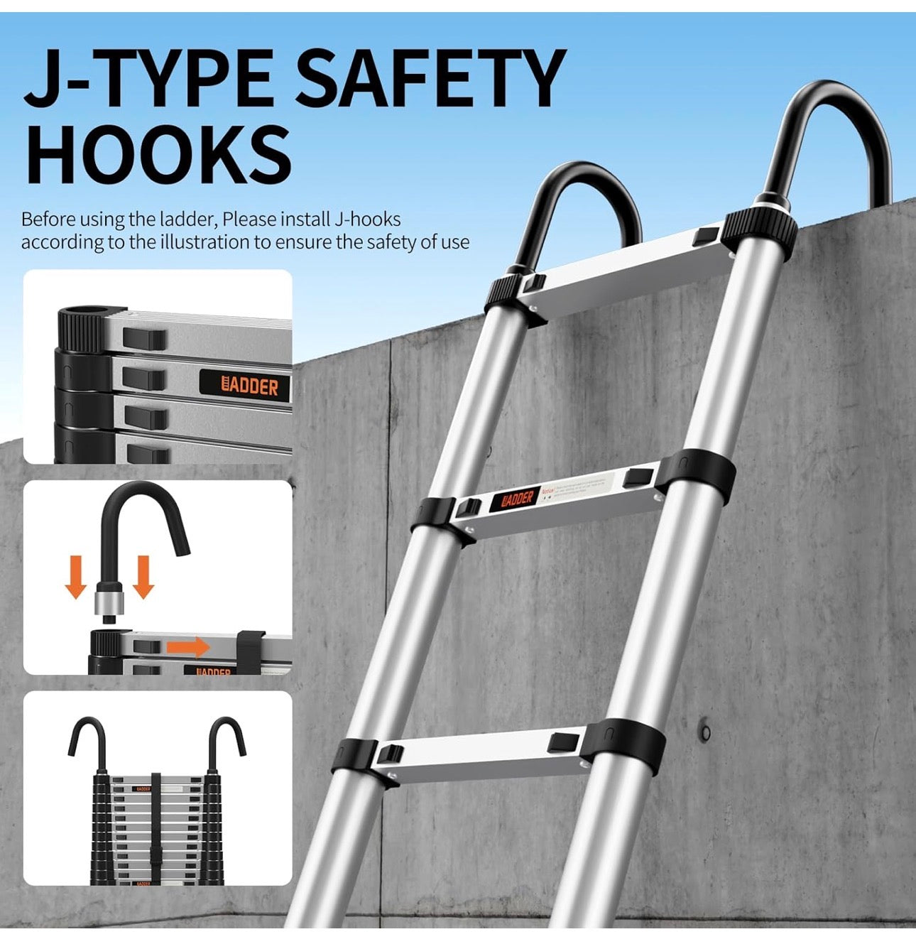 Ladder with Non-Slip Feet,4.1M/13.5FT Aluminium Extension Loft Ladder with Stabilizer Bar
