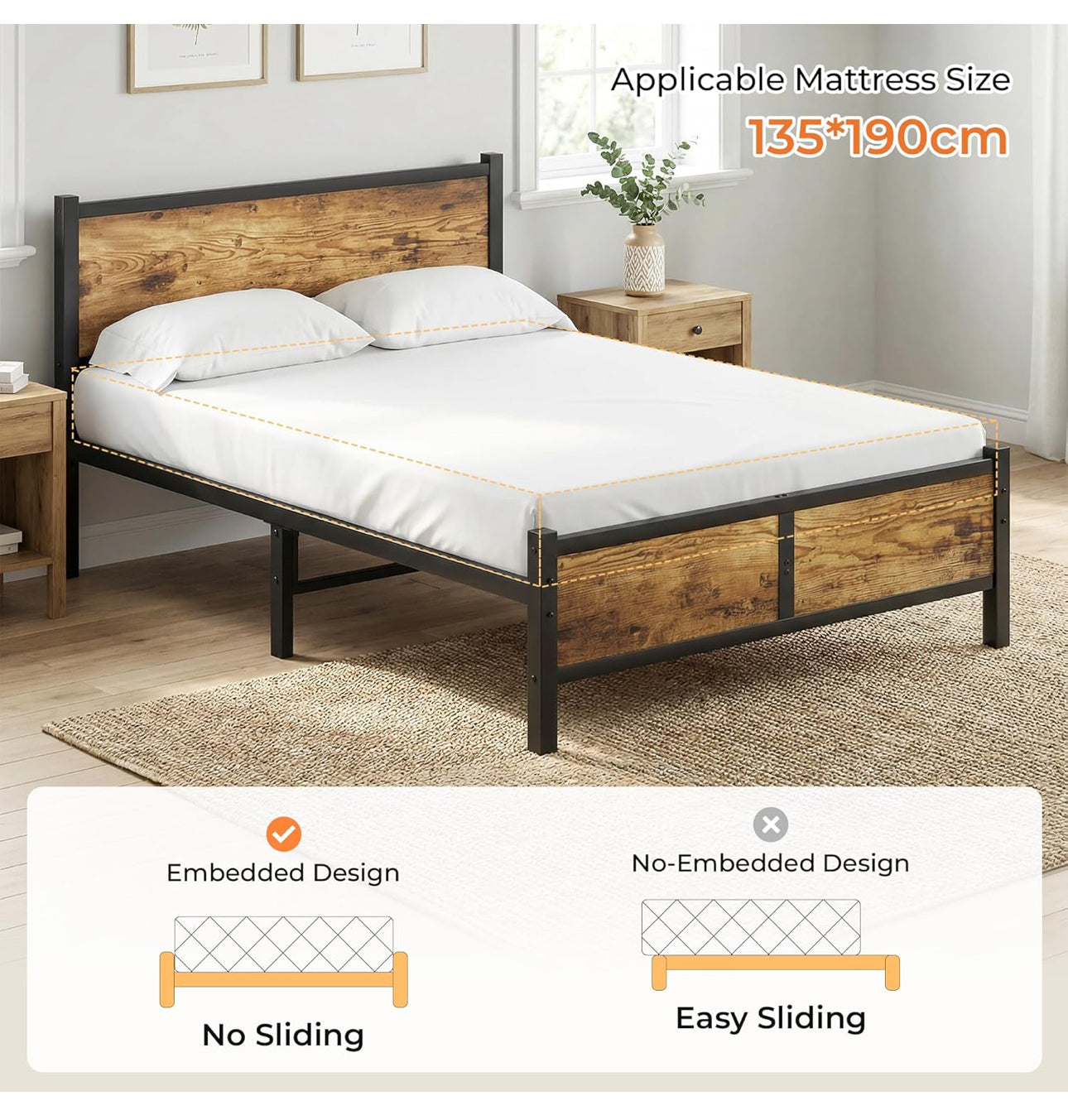 4ft6 Double Bed Frame with Headboard