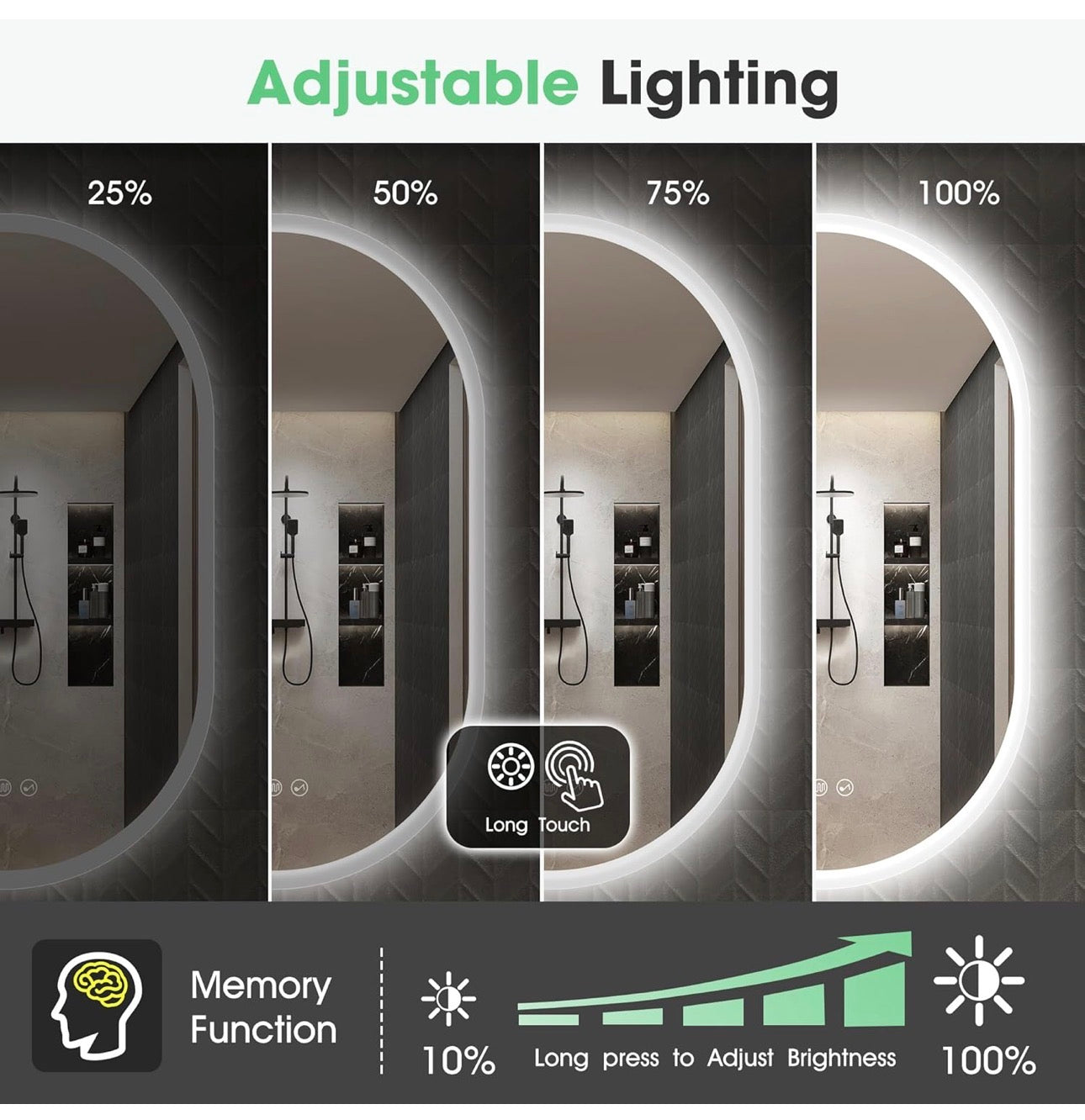 Oval Bluetooth Bathroom Mirror with LED Lights 500x800mm, Anti-Fog, LED Bathroom Mirror with Memory, 3000K-6500K, Dimmable, HD Tempered Glass, IP44 Waterproof, Horizontal or Vertical
