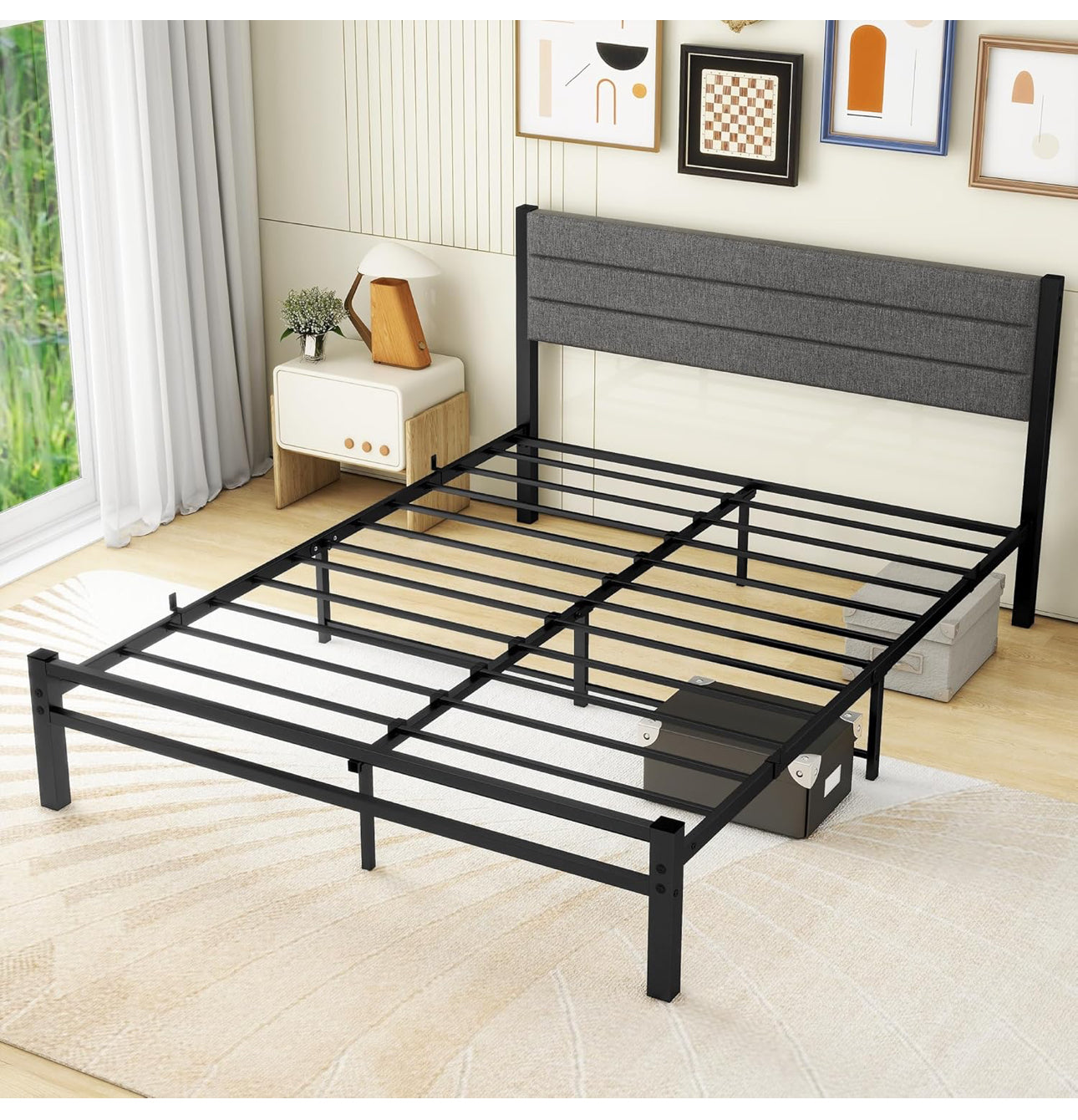 Double Bed Frame with Storage Upholstered Headboard