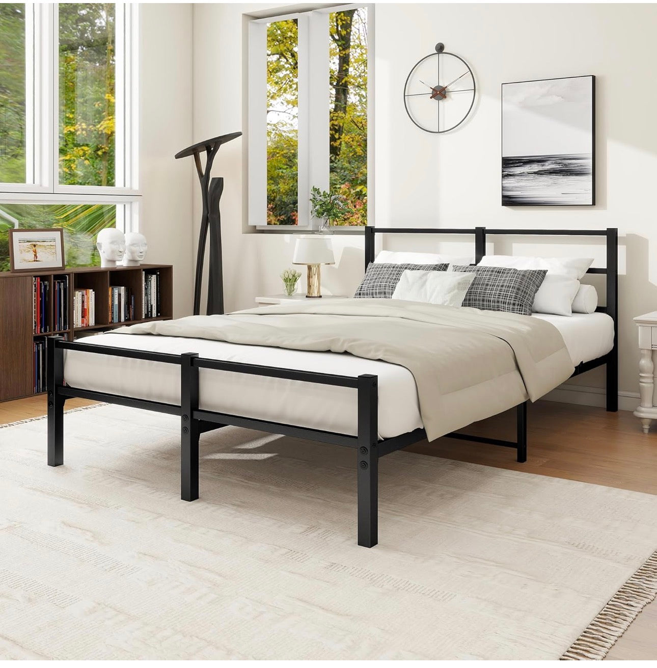 4ft6 Double Bed Frame with Headboard, Metal Slats Support Platform Bed Frames Double Bed with Storage Under Bed, Enhanced Support Stable Easy Assembly, Noise Free, No Box Spring Needed, Black