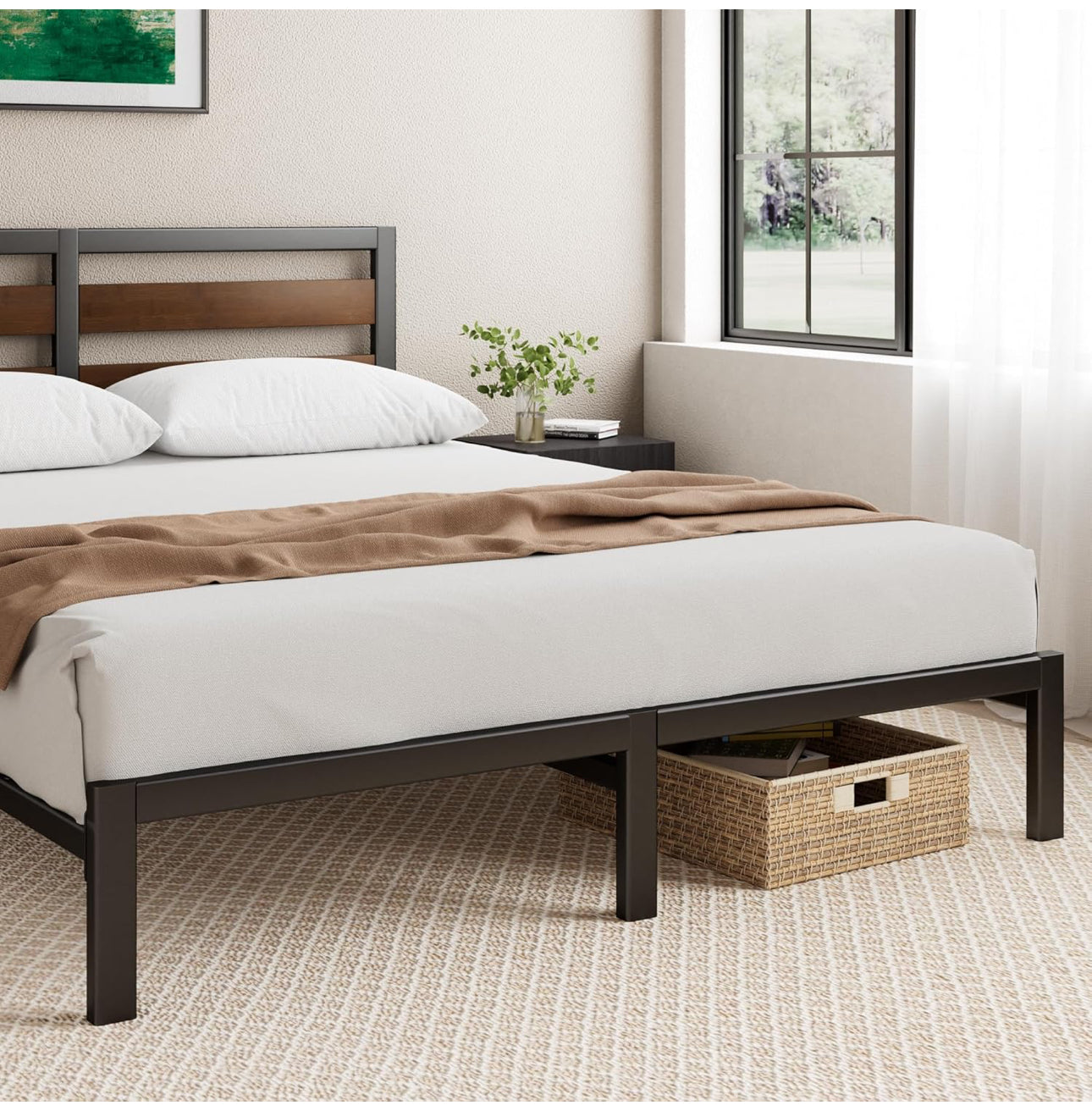 Double Bed Frame with Headboard (135 x 190 cm) – Bamboo and Metal Bed Frame with Steel Slat Support, Easy Assembly – Black & Brown