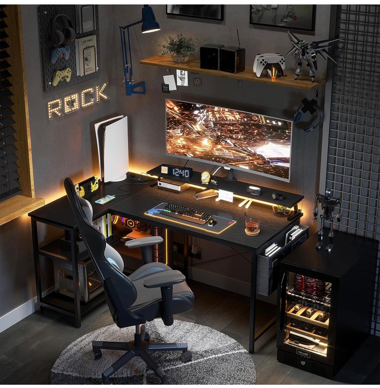 L Shaped Gaming Desk with LED Lights, 120 × 80 cm Computer Desk with Power Outlet, Reversible Corner Gaming Table with Storage Shelves & Monitor Stand, Black