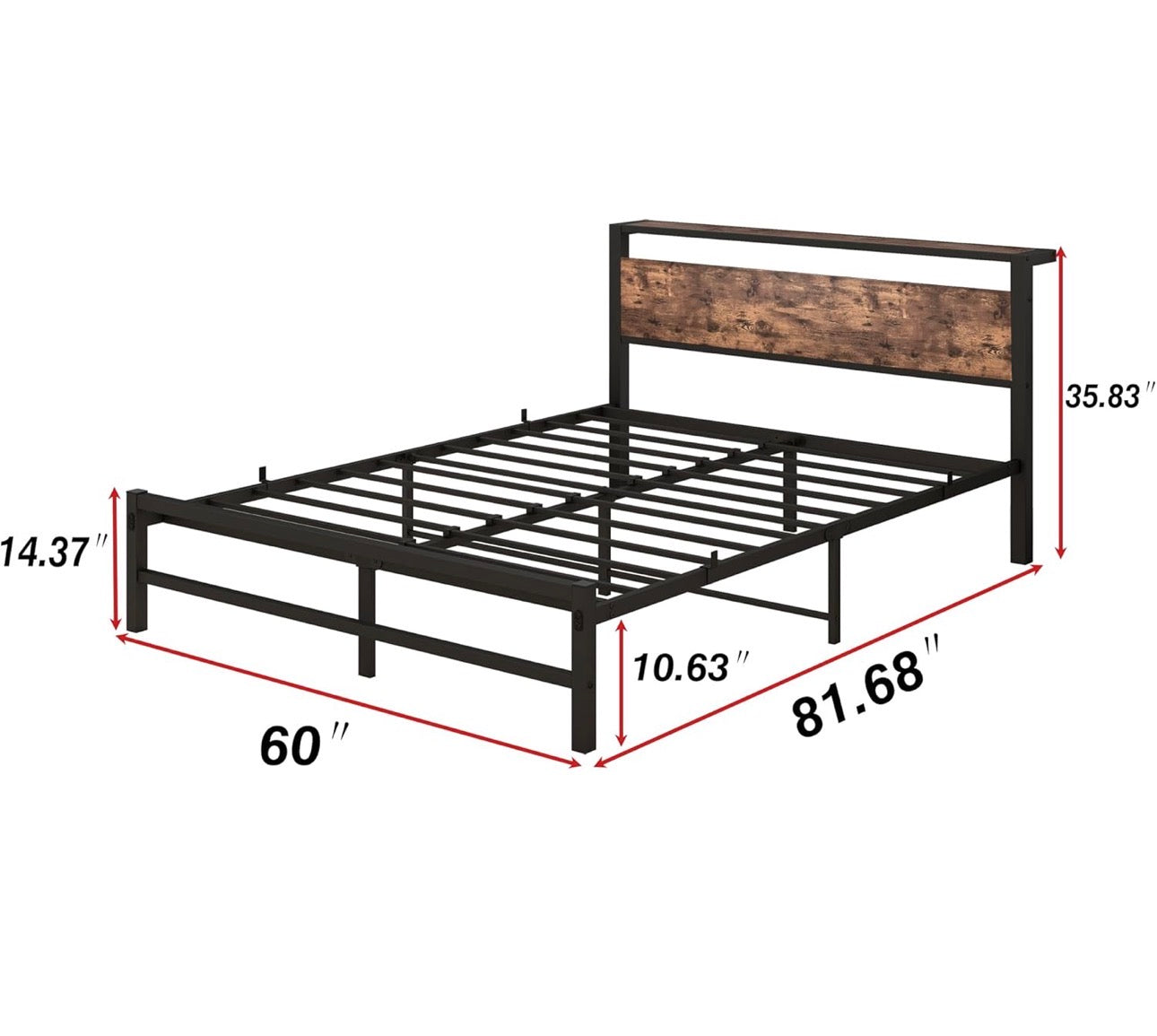5ft King Metal Platform Bed Frame with Wooden Storage Shelf Headboard, 150x200 cm