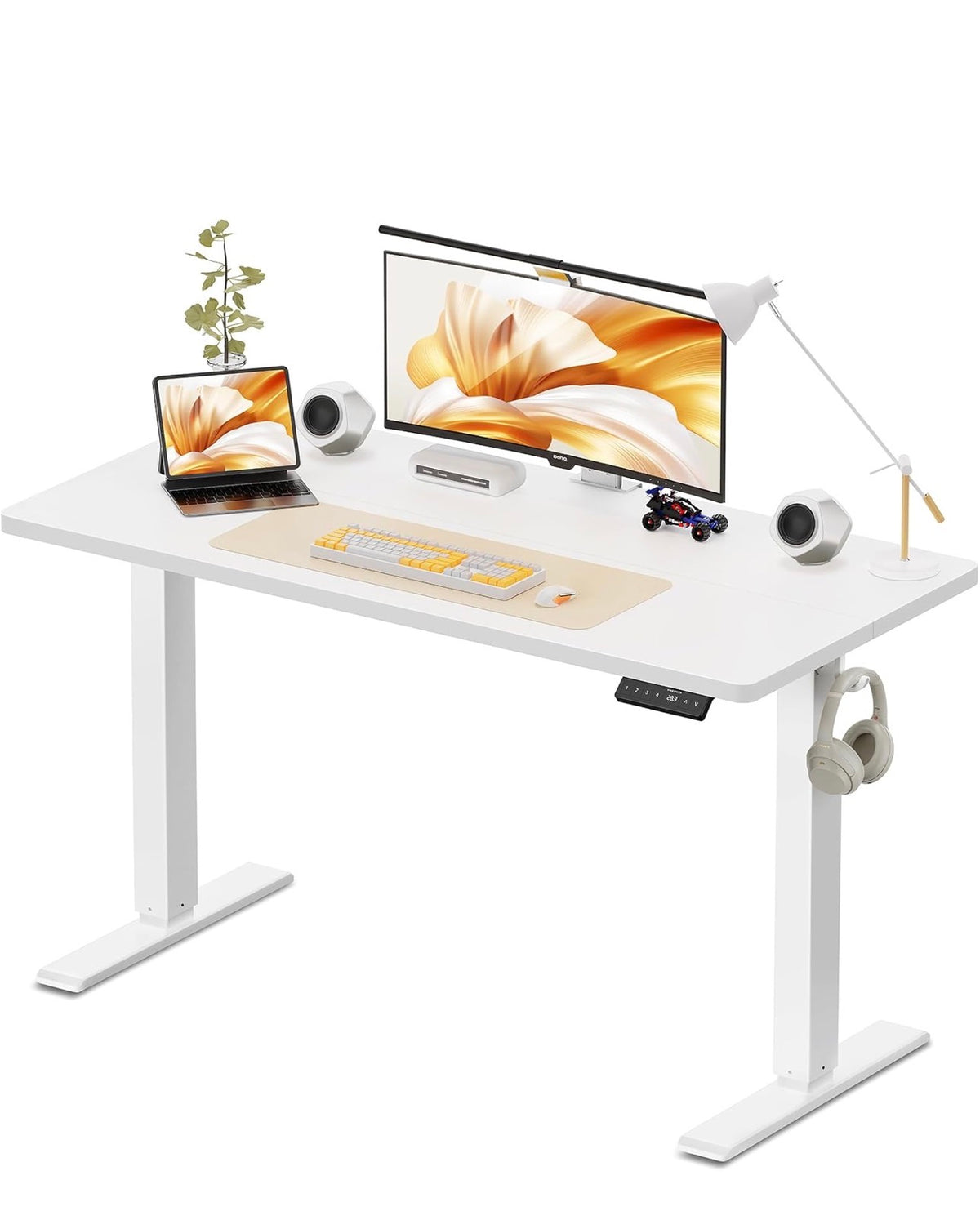 Electric Standing Desk, 120 x 60 cm, White
Height Adjustable Desk, 2 Hooks, 4 Memory Heights, 72-118cm, Splice Board, Ergonomic Sit Stand Computer Desk for Home Office