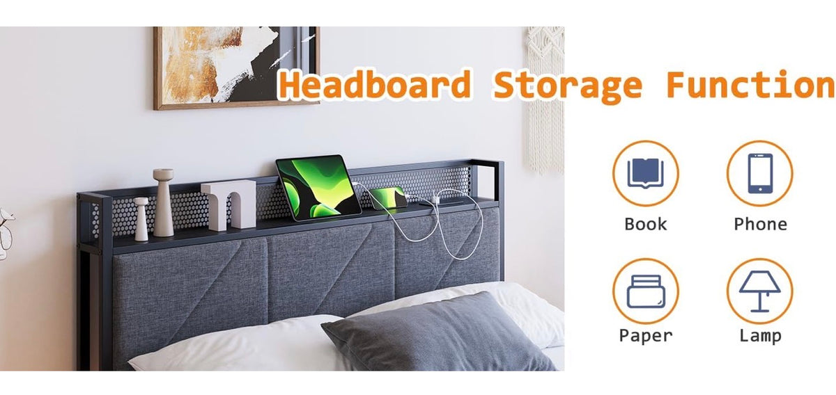 Floating Double Bed Frame with Upholstered Headboard Storage, Black
135x190cm Metal Bed Frame with LED Lights & USB Charging Station, 4ft6 Platform Bed, Heavy Duty Metal Slats, Noise Free