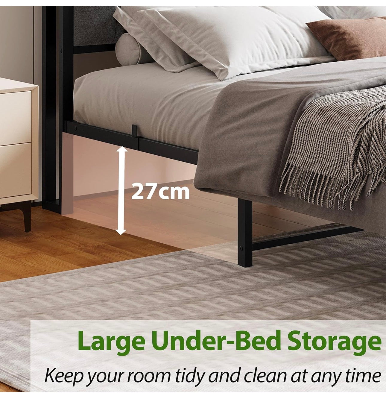 King Size Bed Frame with Storage Upholstered Headboard Shelf,5ft