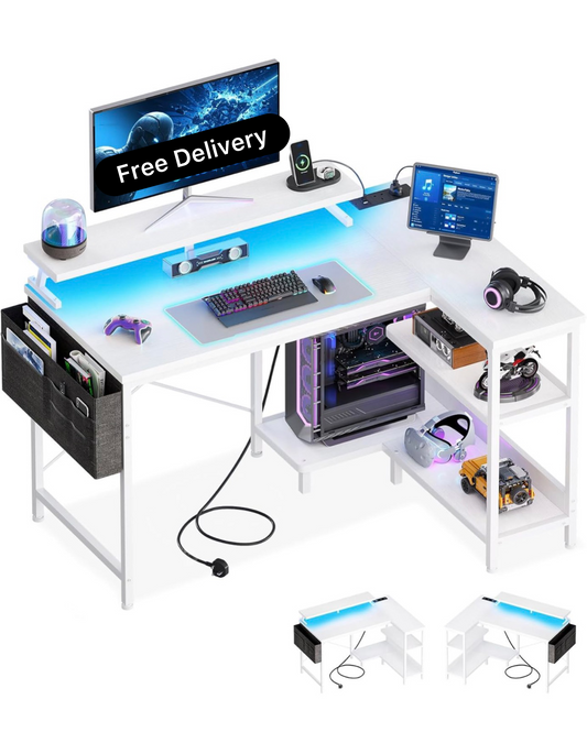 L Shaped Gaming Desk with LED Lights & Power Outlet, 100x70 cm