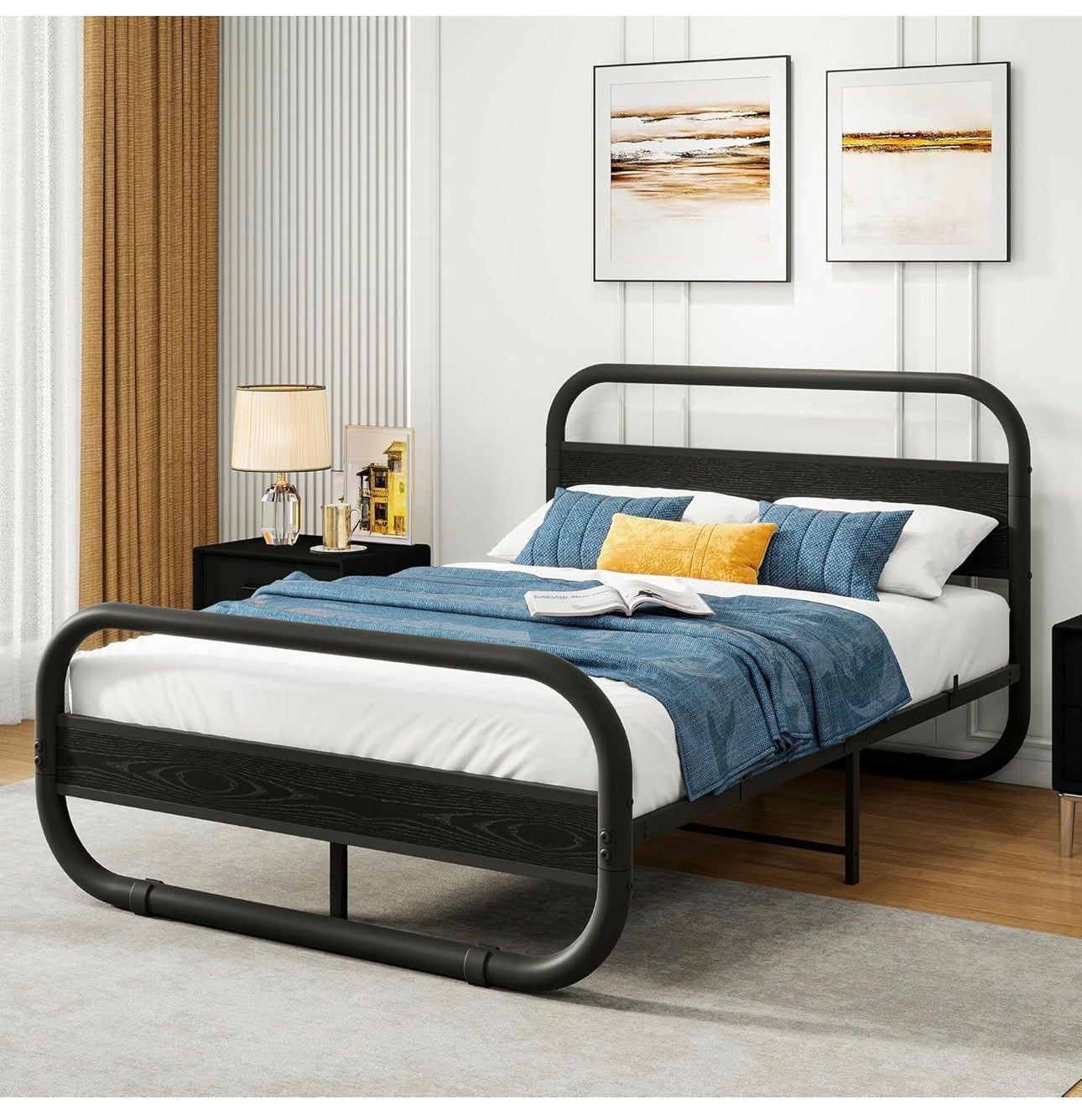 Double Size Bed Frame with Headboard,135x190 cm,Black | Oval-Shaped Platform Bed with Under-Bed Storage,Steel Slats Mattress Foundation Round Pipe Design,Enhanced Support Noise Free