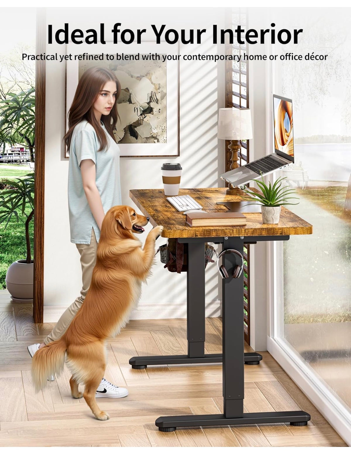 Electric Standing Desk 120x60cm Gaming Desk 3 Memory with Splice Board, 70–115cm Lift, 2 Hooks, 80kg Load, Computer Workstation, Rustic Brown