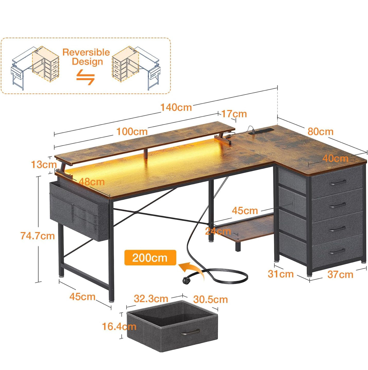 L Shaped Gaming Desk with LED Lights & Power Outlet
