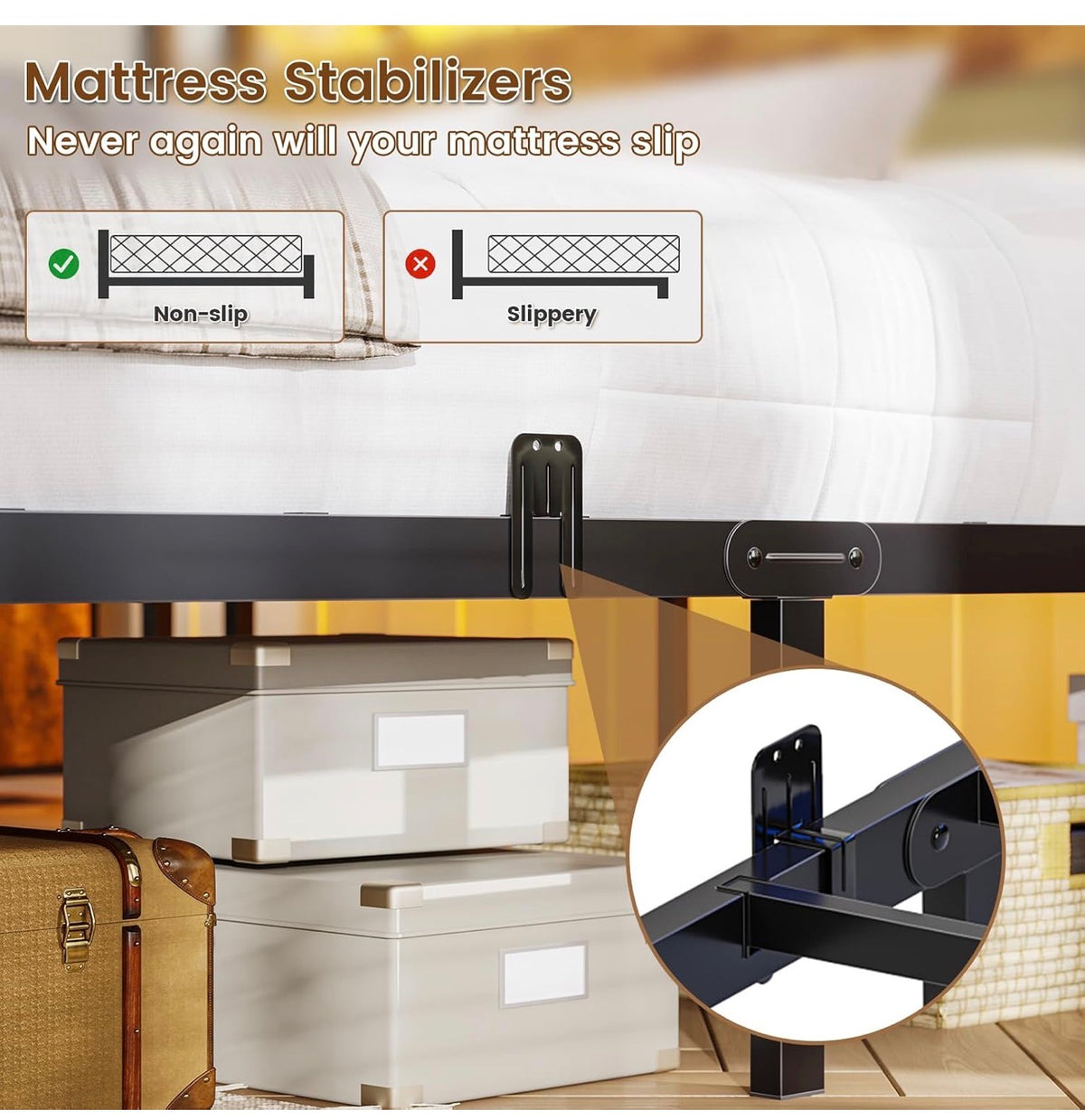 4ft6 Double Bed Frame with Wooden Headboard, Metal Platform Bed Frame with LED Lights and Charging Station,Sturdy Metal Slats Support, UnderBed Storage,Easy Assemble,No Mattress (Double-135x190cm)