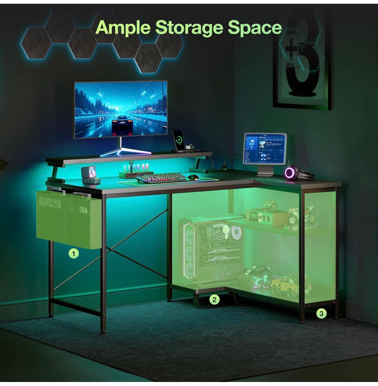 L Shaped Gaming Desk with LED Lights & Power Outlet, 100x70 cm
Carbon Fiber Black Computer Desk with Shelves for Small Spaces, Corner Gaming Table with Monitor Stand for Work Play Office